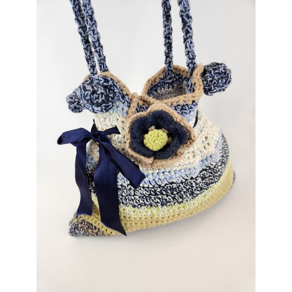 Funky Fun Handmade Crochet Knit Bag Large Purse‎ Boho Hippie Flowers Blue Beige
